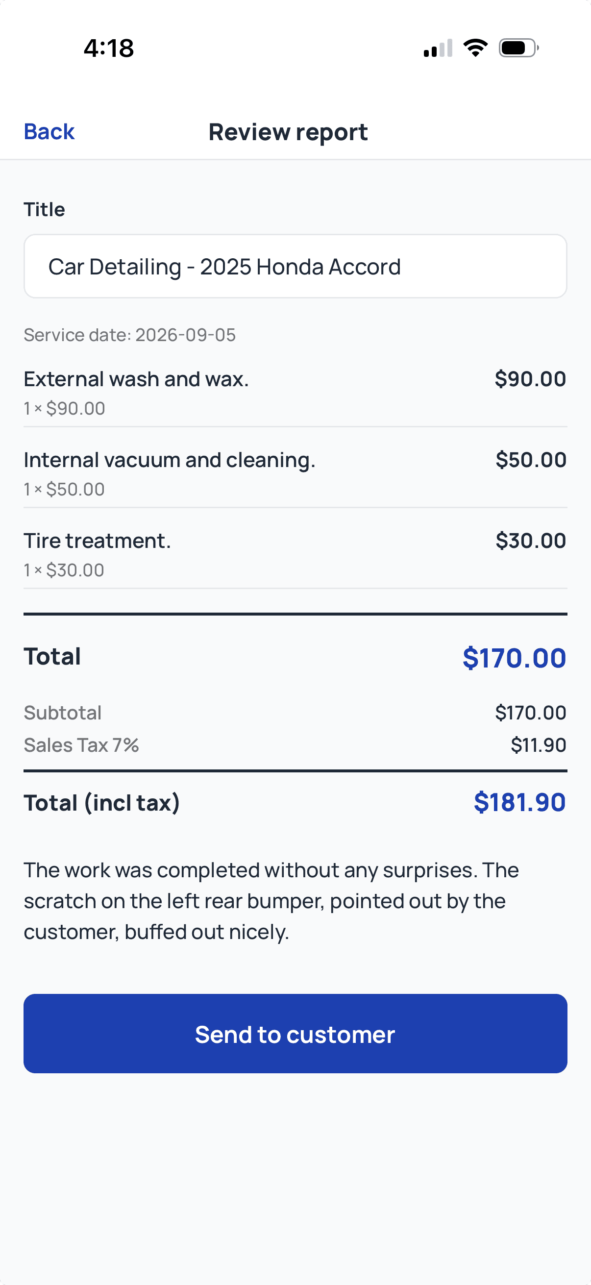 The ServiceTracked app: the in-app Review report screen, Car Detailing for a 2025 Honda Accord, with a completion note, subtotal $170.00 plus 7% sales tax, total $181.90, ready to send.